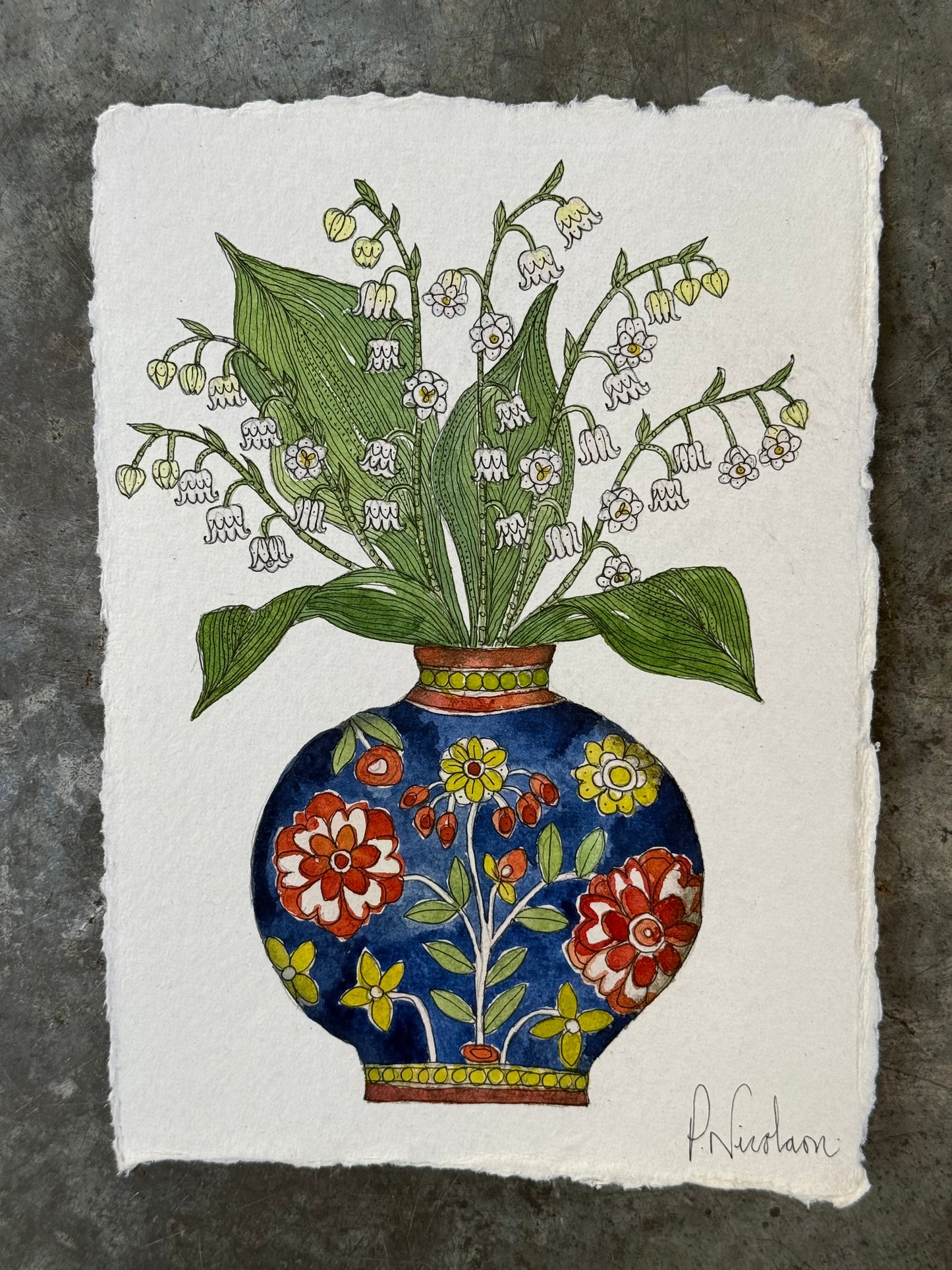 Original watercolour & ink Lily of the Valley in a patterned ceramic vase.