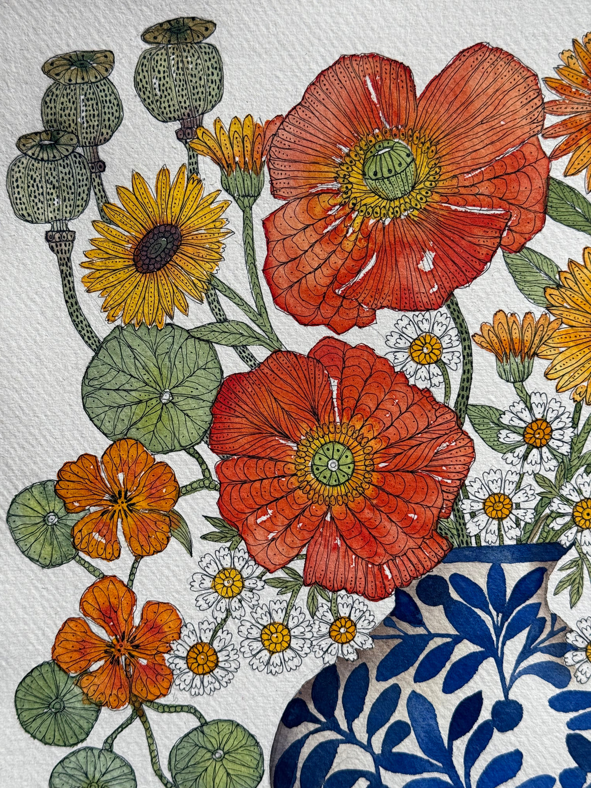 Original, Watercolour & Pen Orange Flowers