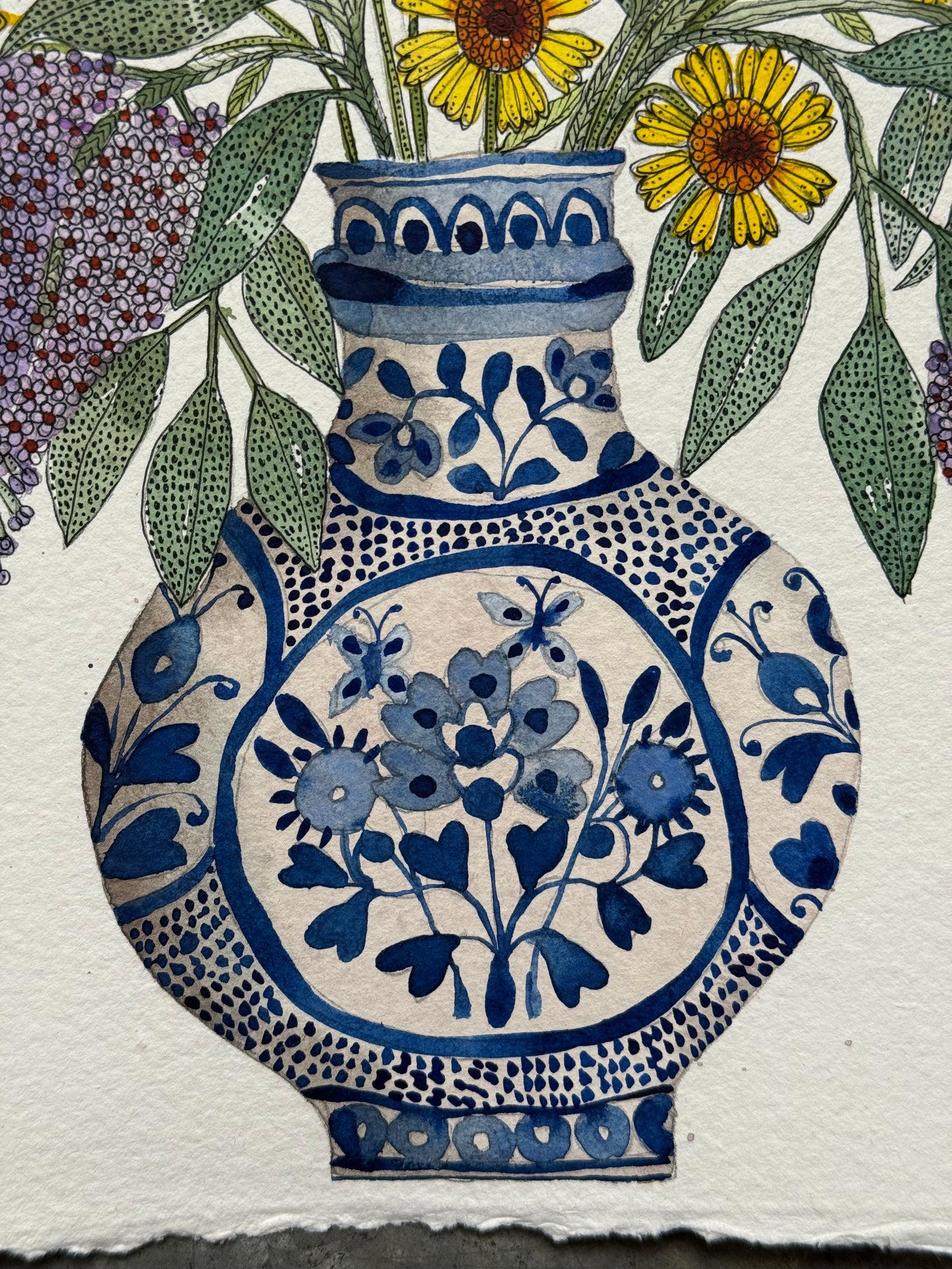 Original, A4 watercolour painting of Helenium & Buddleja flowers in a blue & white Ceramic Vase.