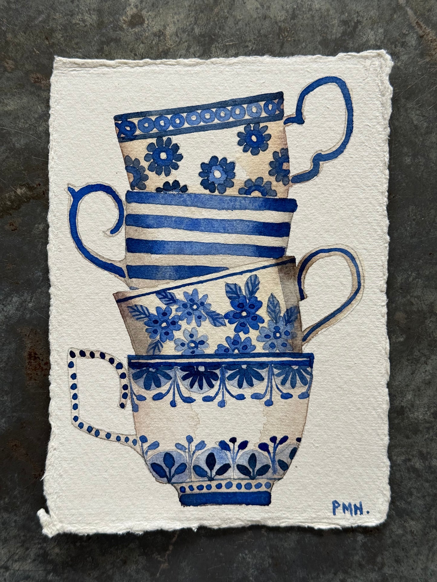 A6, Original Watercolour Stacked Teacups (G)