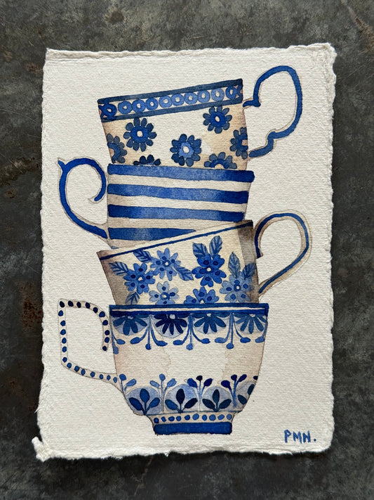 A6, Original Watercolour Stacked Teacups (G)