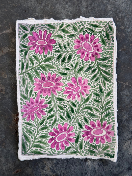 Original, A6 Pink & Green pattern watercolour painting
