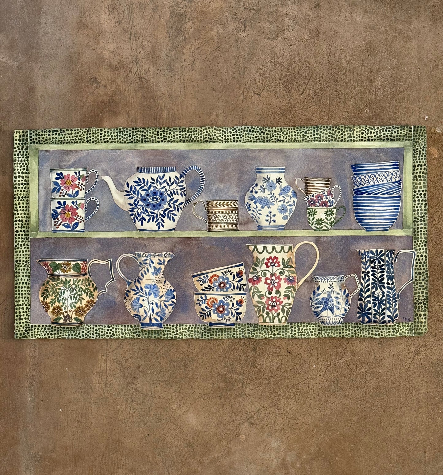 Original, Large Watercolour Stacked Teacups, Jugs & a Teapot