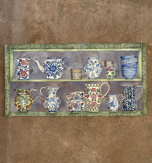 Original, Large Watercolour Stacked Teacups, Jugs & a Teapot