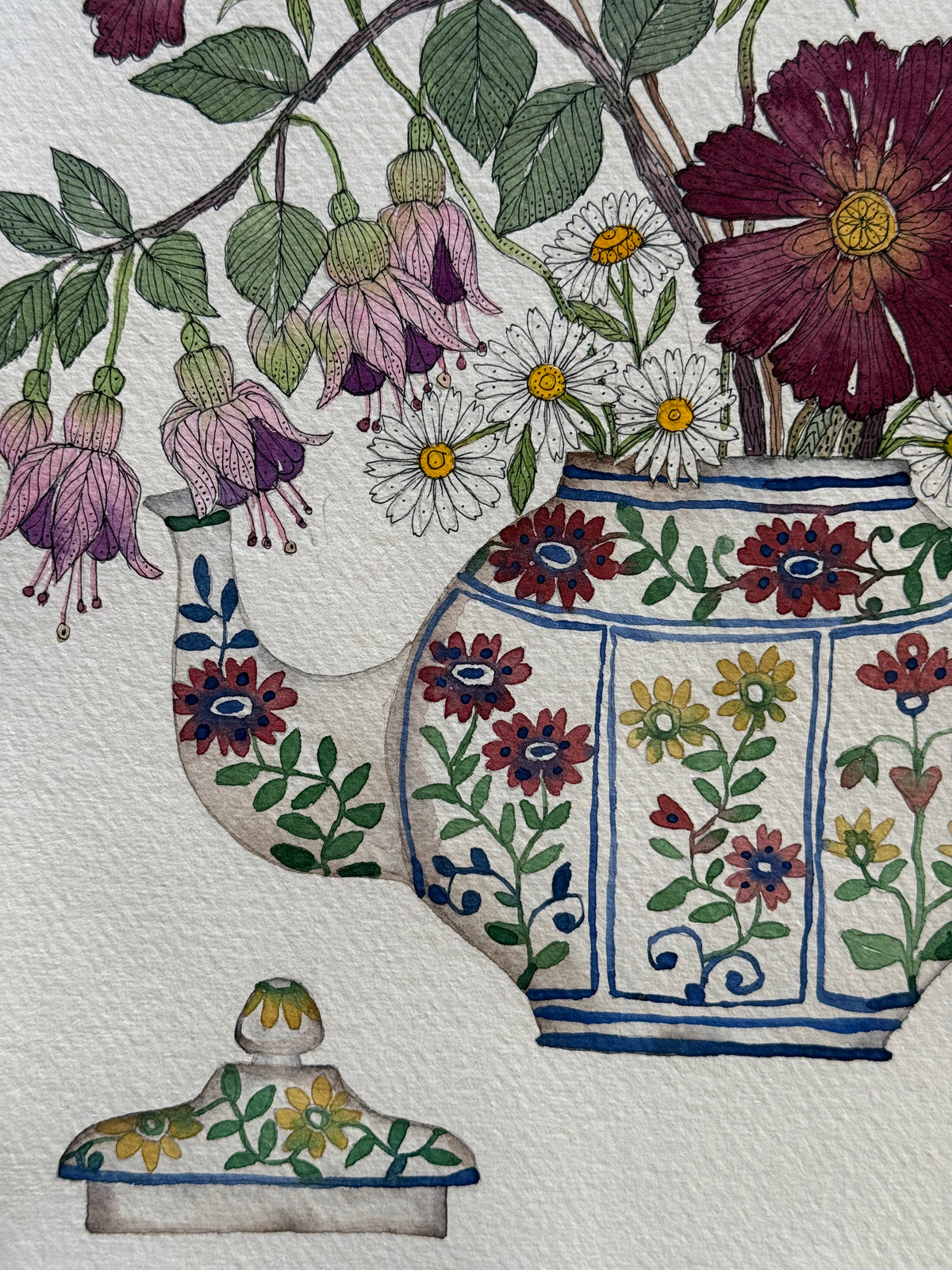 Large, Original Watercolour a Flowers in a matching Tea-set.