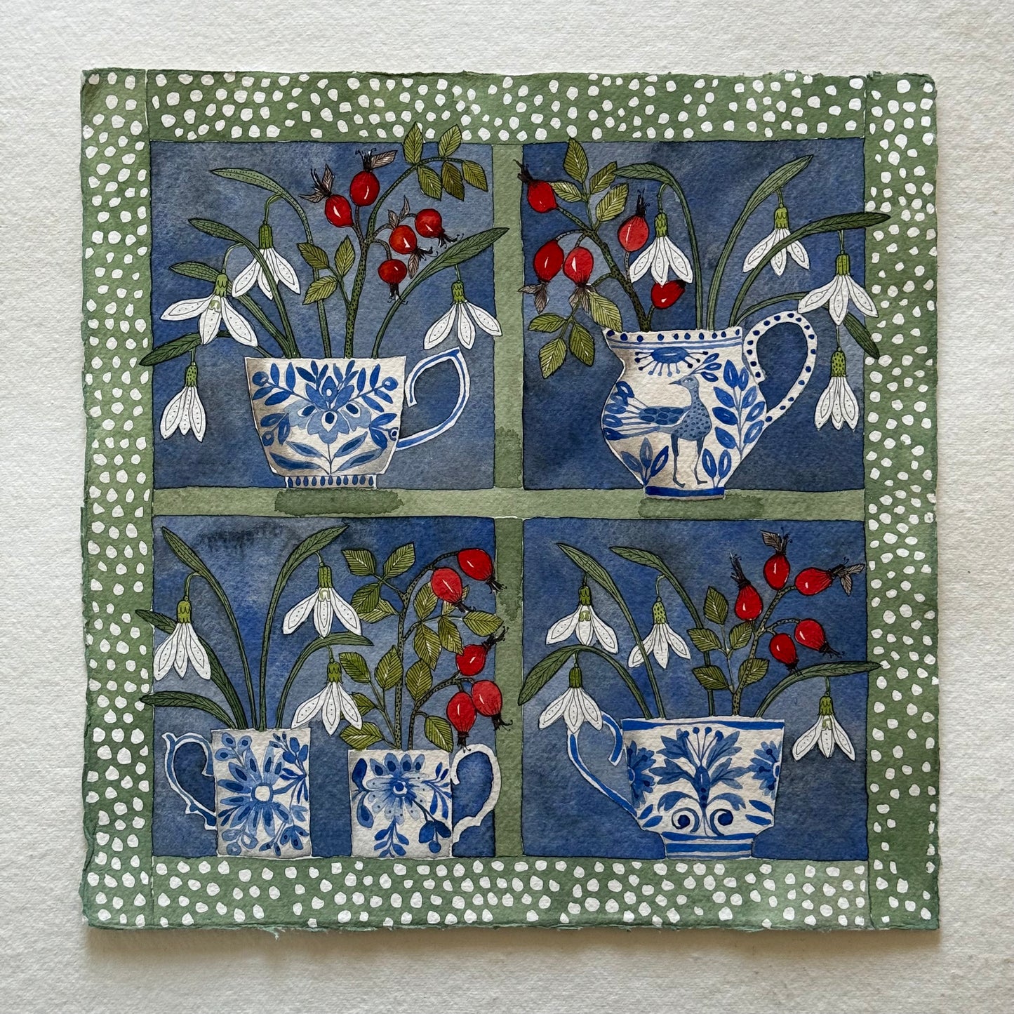 Original, Watercolour ‘Winter Window’ Snowdrops & Rosehips in Delftware