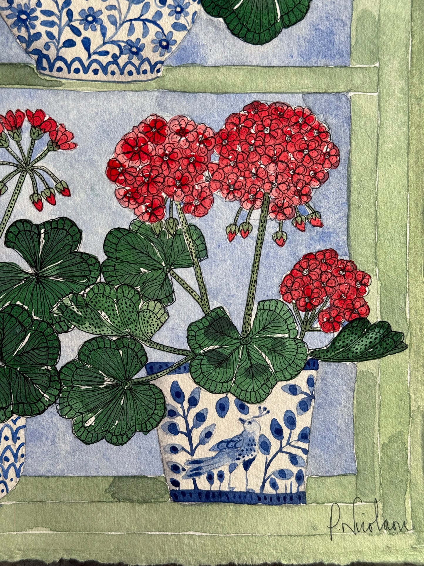 Original (A4) Geraniums on the windowsill, Watercolour Painting.