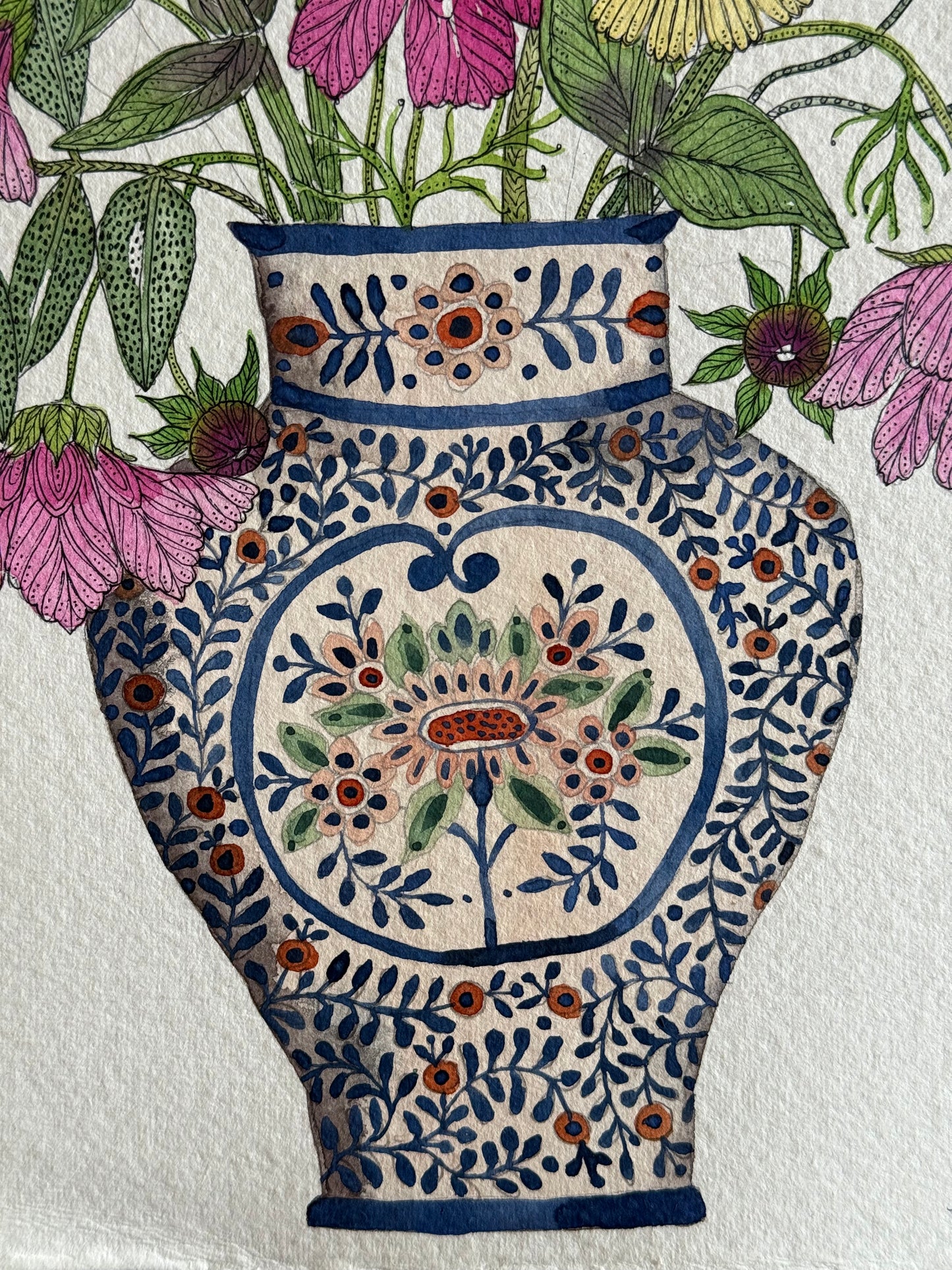 Original, A4 watercolour painting of Zinnias, Cosmos, Scabiosa & Foliage in a Patterned Ceramic Vase.