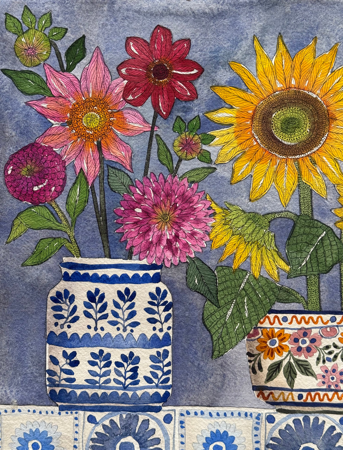 Extra Large Watercolour & Pen Sunflowers, Dahlias & Tiles