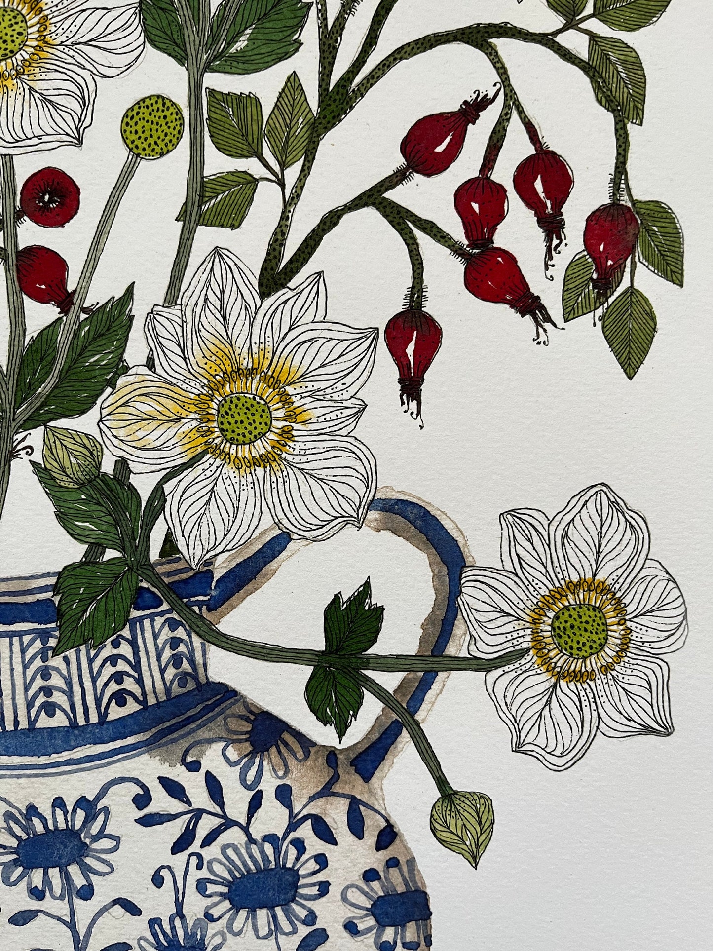 A3, limited edition giclee print of white anemones and rose hips in a blue and white patterned ceramic, vessel.