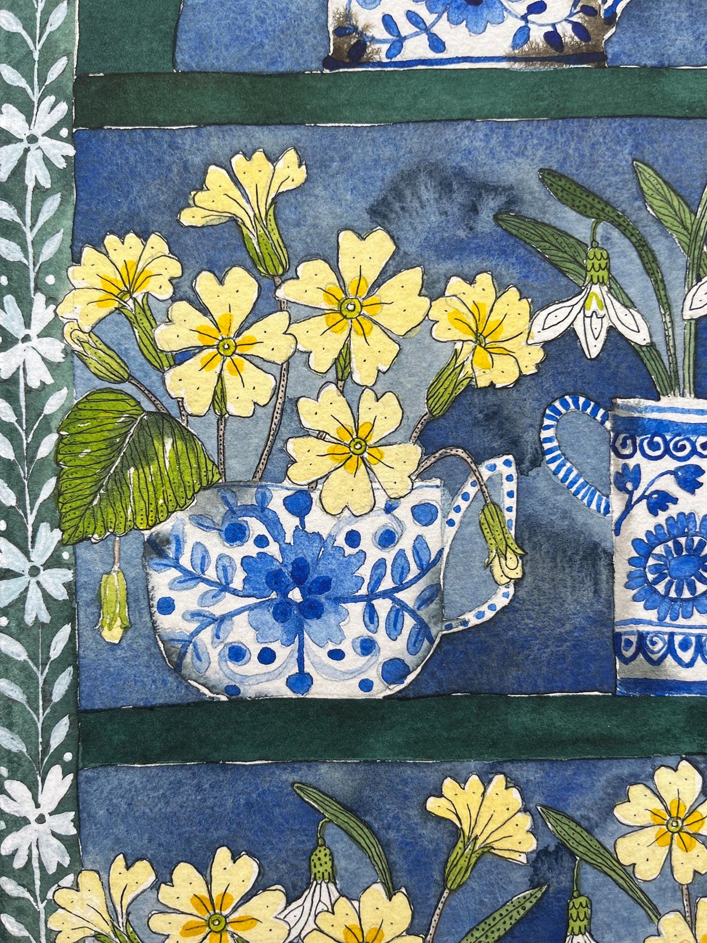 A3, limited edition giclee print of a watercolour and ink Snowdrops and primroses in delftware, ceramic mugs displayed in a plant Theatre.