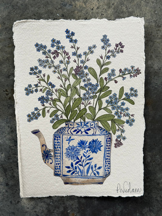 A5 Original Watercolour Forget-me-not flowers in a miniature Teapot