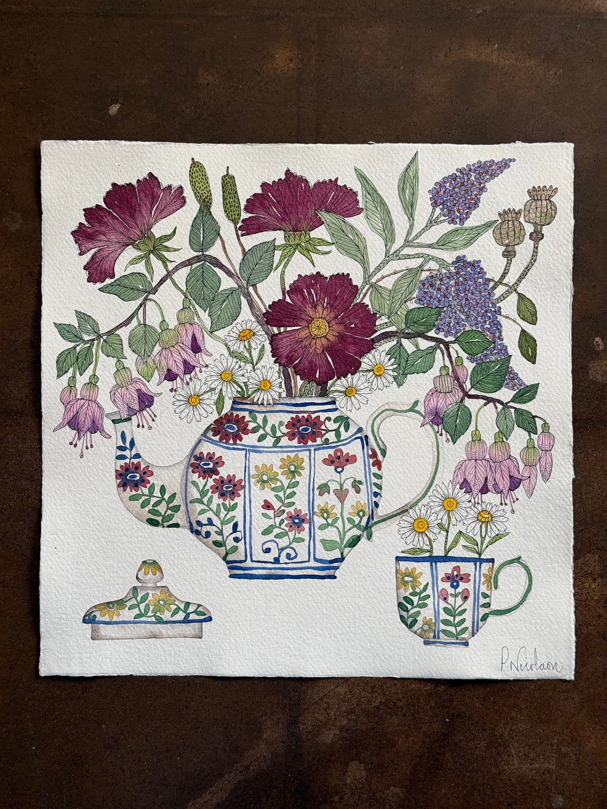 Large, Original Watercolour a Flowers in a matching Tea-set.