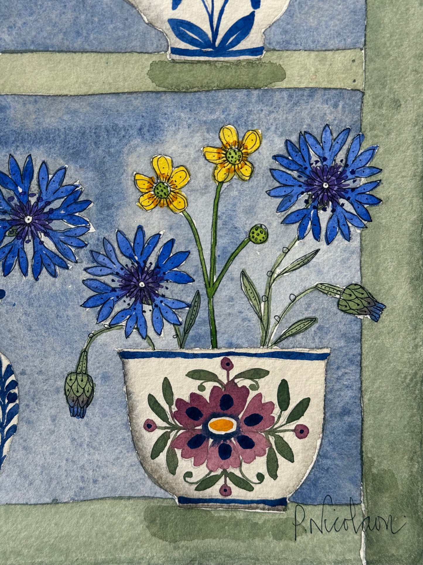 A3, Original Watercolour & Pen Cornflowers & Butterercups