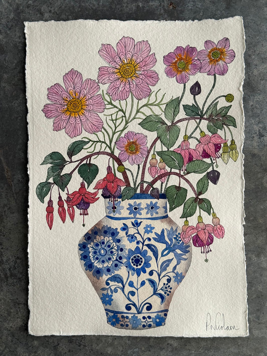 Original, A4 watercolour Cosmos, Fuchsia & Anemone Flowers in a Delft Vase