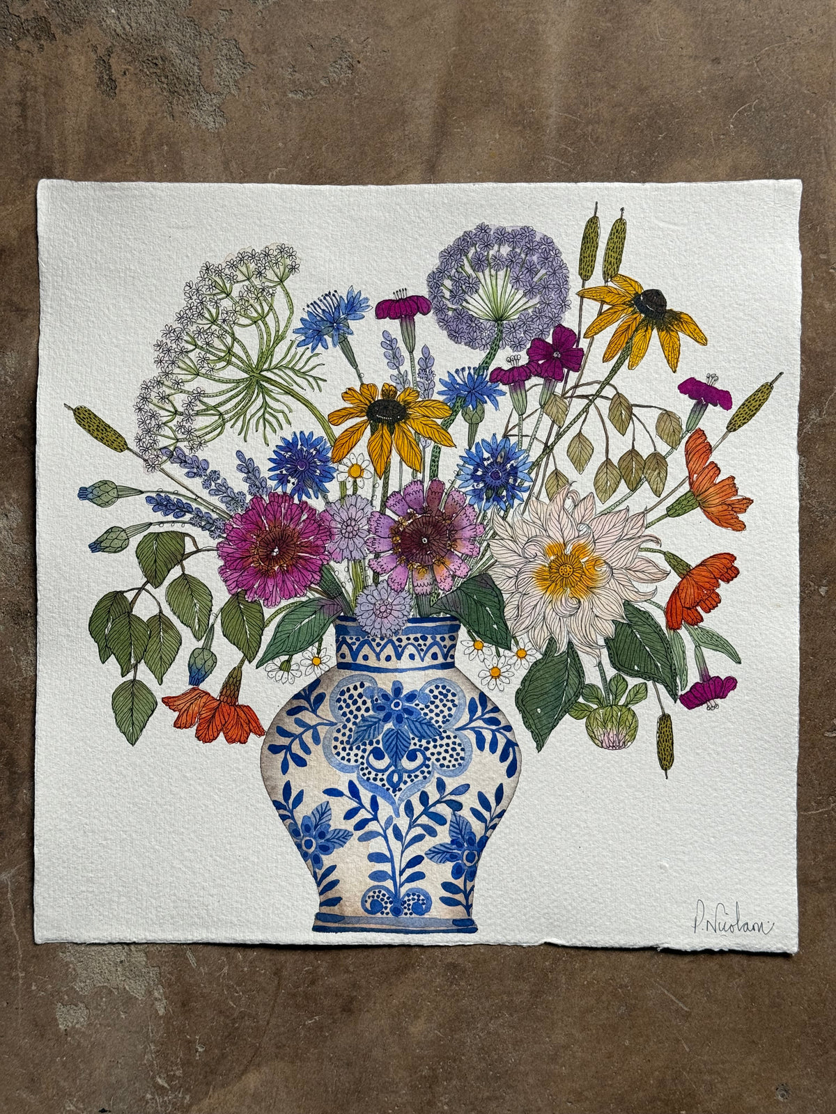 Original Watercolour & Pen Summer Flowers