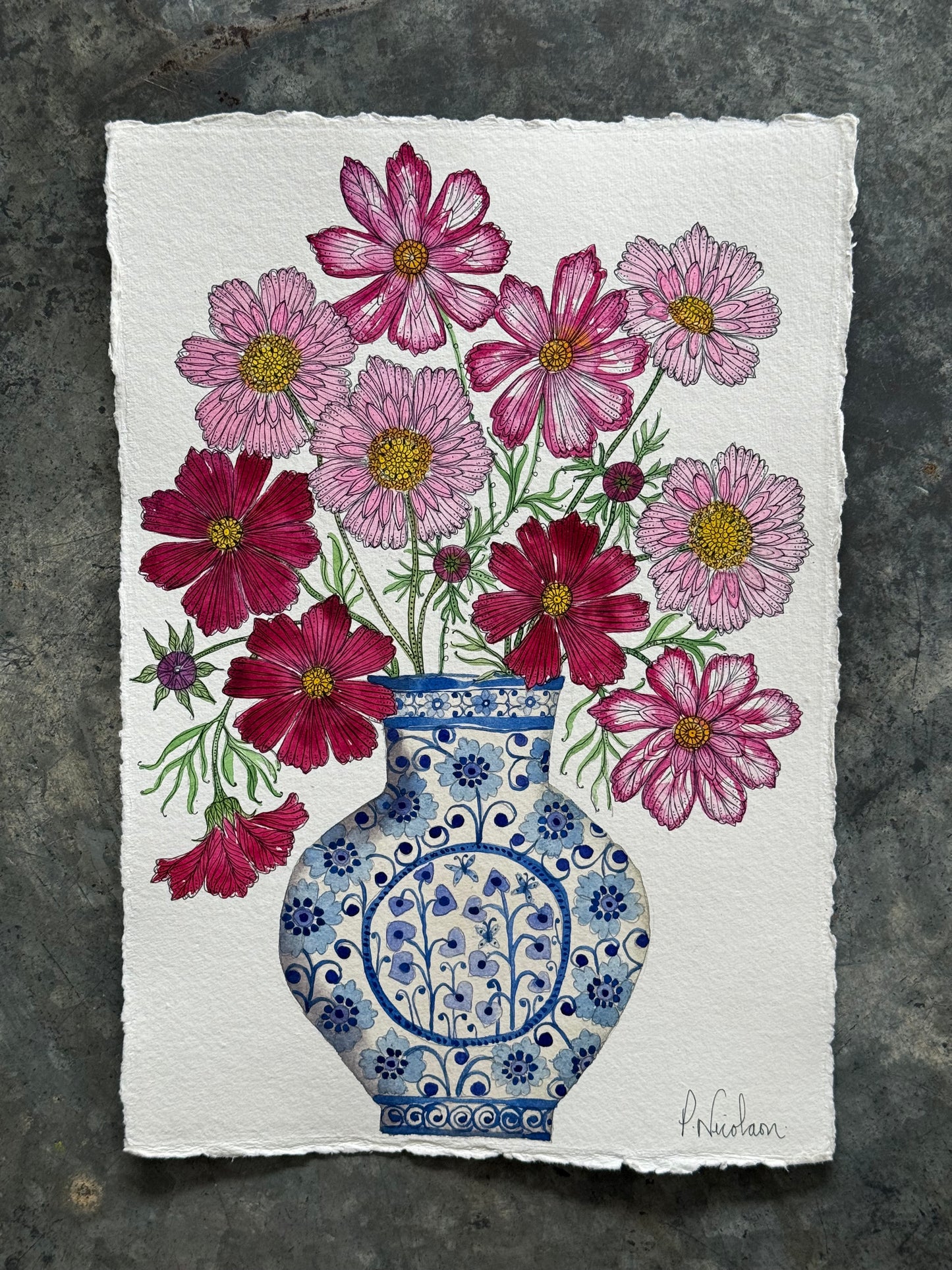 Original, A4 watercolour painting of Cosmos in a delft vase