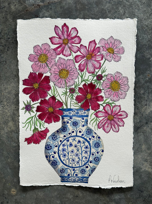 Original, A4 watercolour painting of Cosmos in a delft vase