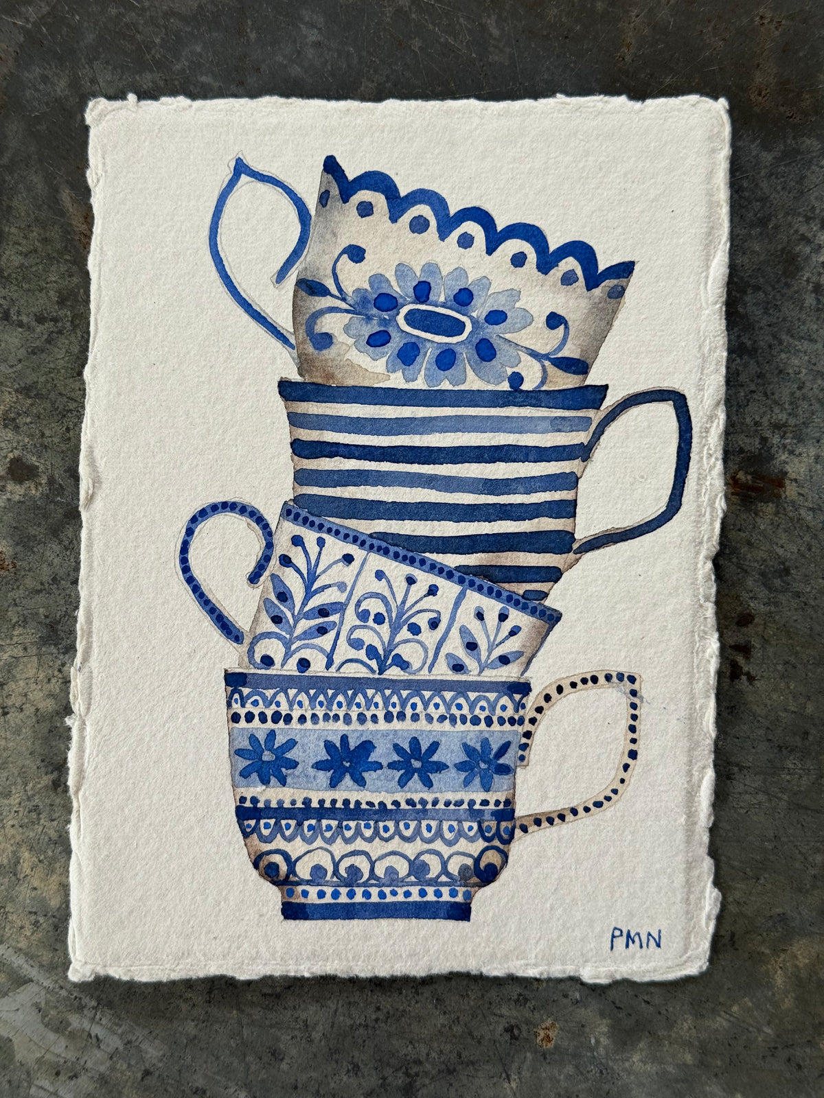 A6, Original Watercolour Stacked Blue Teacups