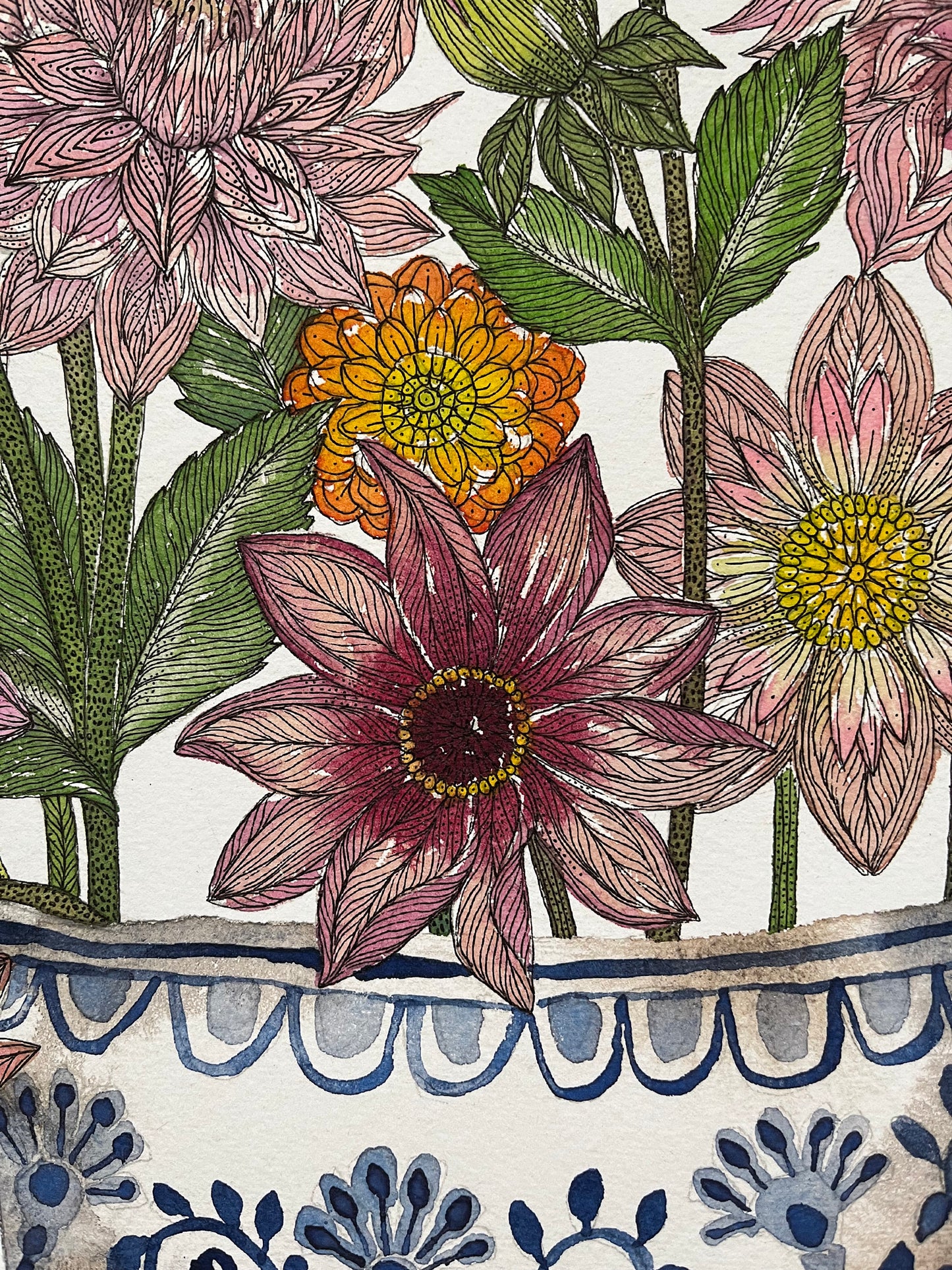 A3 limited edition, giclee print of cheerful dahlias in a blue and white patterned, ceramic vessel.