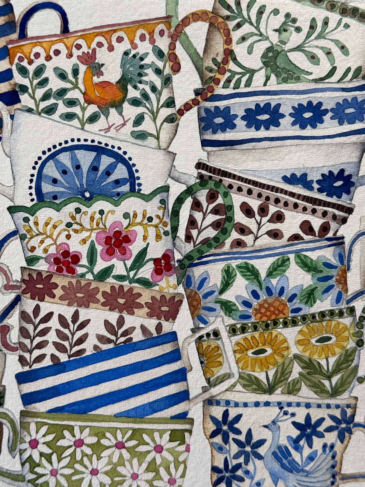 A4, Original, Watercolour, Stacked Teacups & Rooster