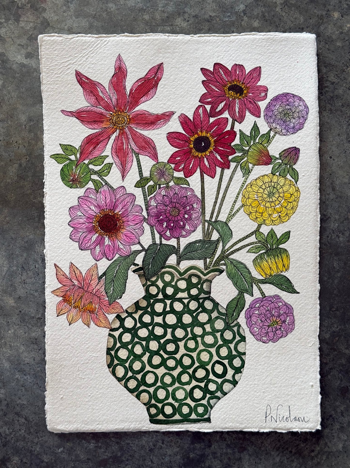 A4, Original Watercolour & Pen Dahlias in a Vase