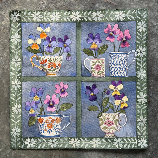 Original, Watercolour Painting of Violas in little Patterned Teacups & Mugs.