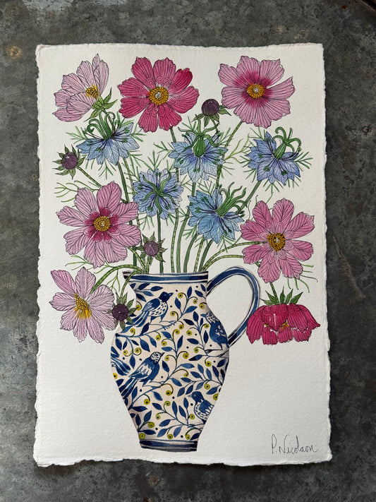 Original, A4 watercolour Cosmos & Nigella flowers in a bird pattern Jug
