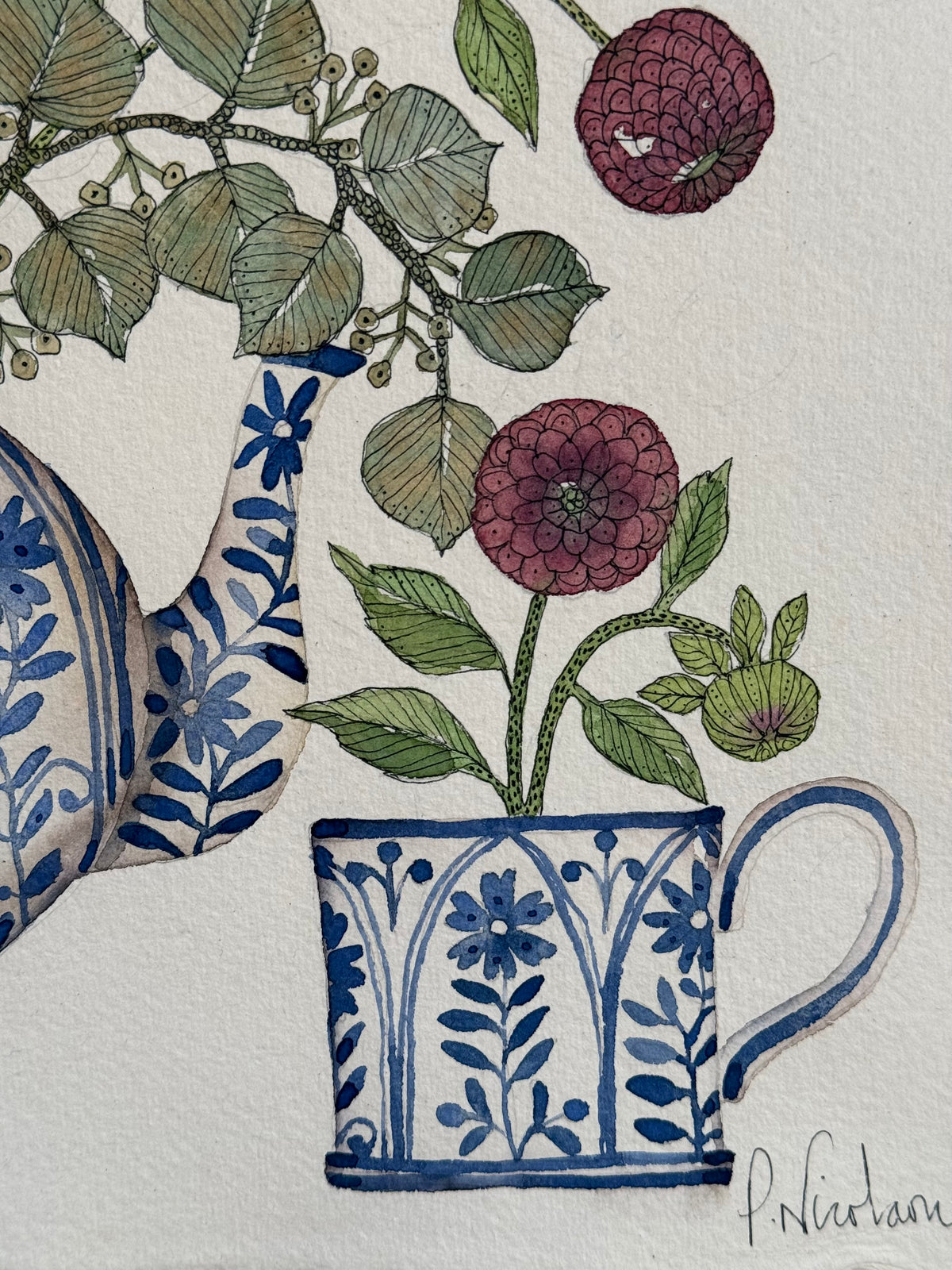 Large, Original Watercolour Autumnal Flowers & Teapot