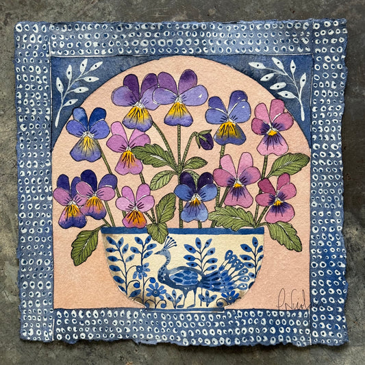 Original, Watercolour Painting of Violas in a Delft Vessel.