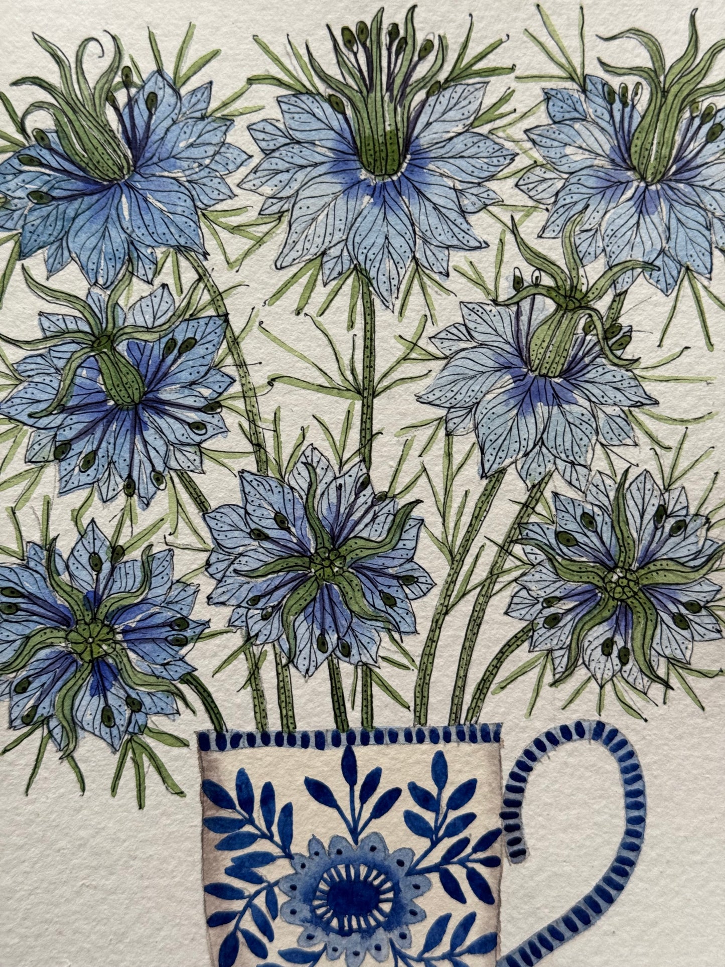 Original, A5 Watercolour Painting of Love in a Mist in a Delft Teacup