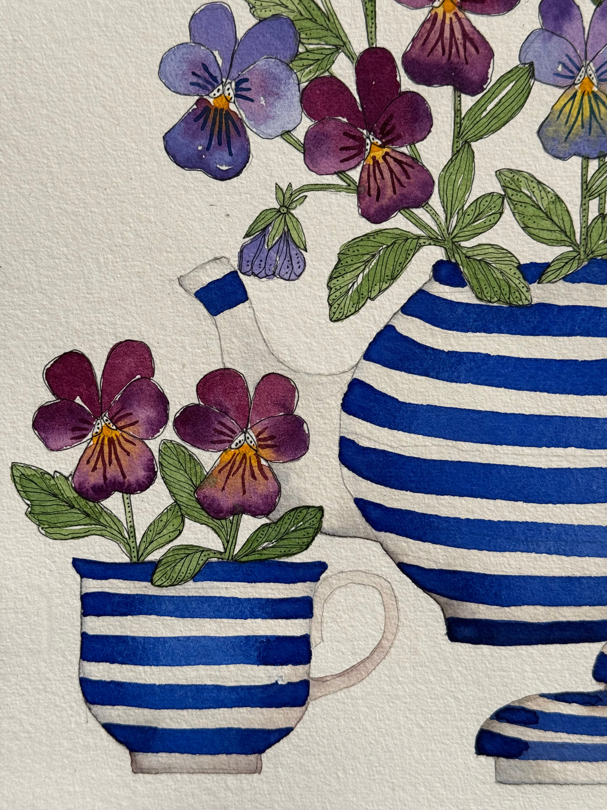 Large, Original Watercolour Violas in Blue & White Stripes