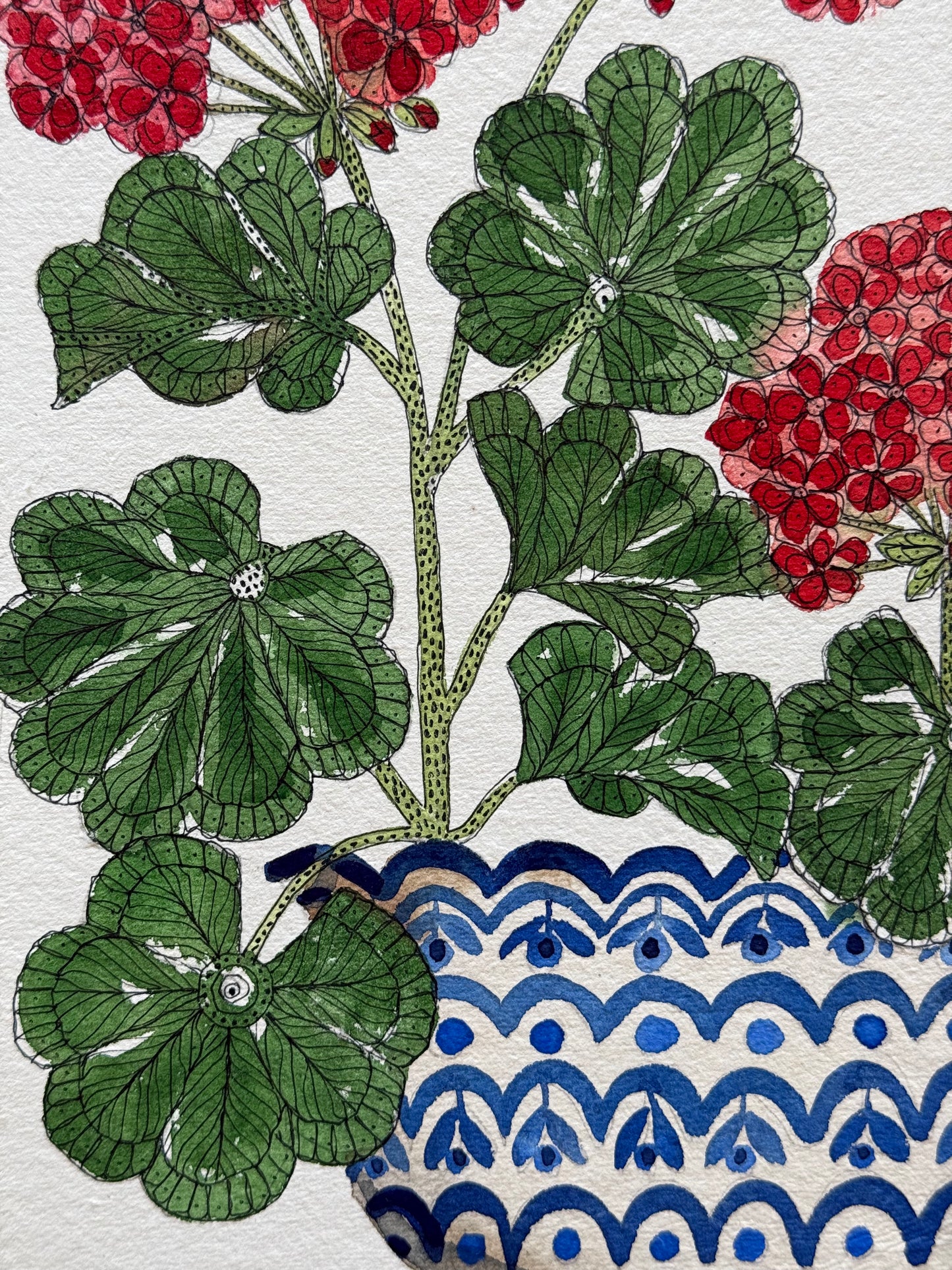 A4, Original Watercolour & Pen Geraniums in a Vessel