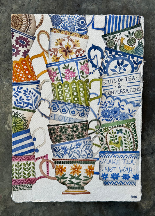 A4, Original Watercolour Stacked Teacups & Conversations