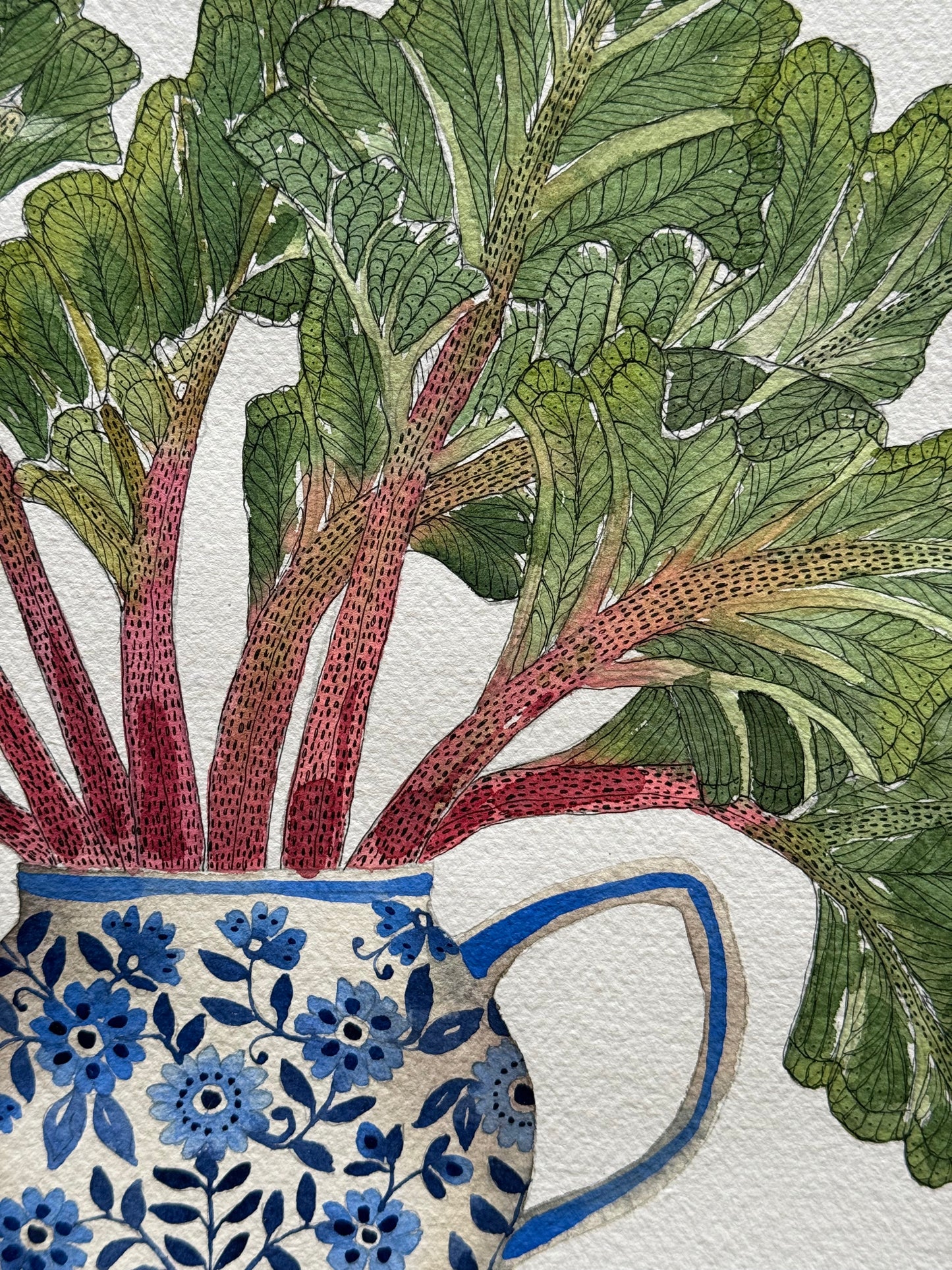 Original, Watercolour Rhubarb arranged in a Delft Teapot