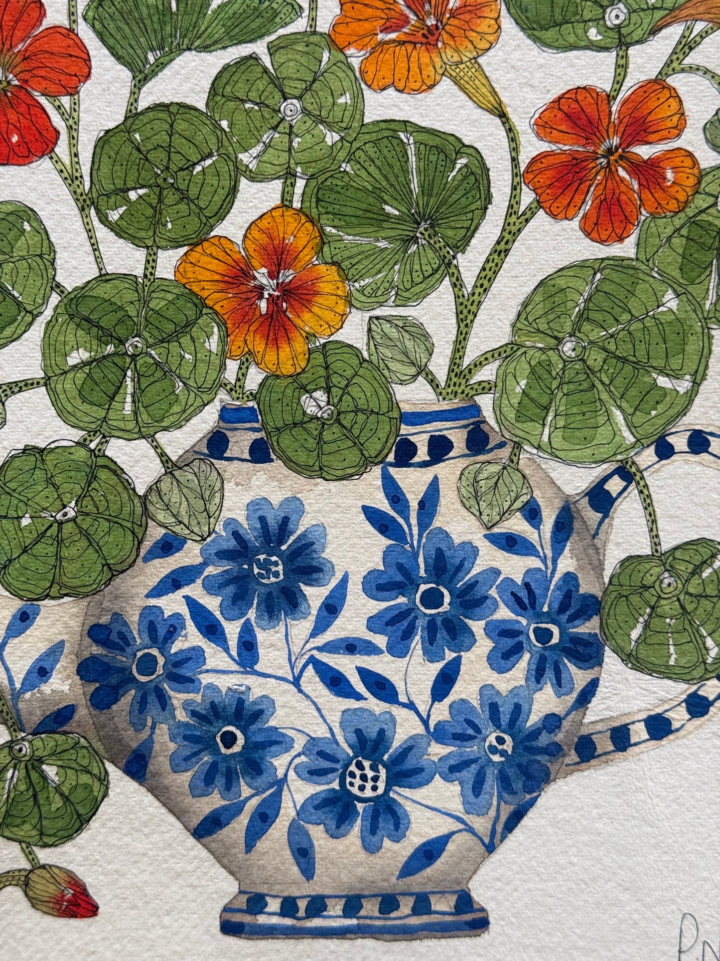 A4, Original Watercolour & Pen Nasturtiums in a Delft Teapot