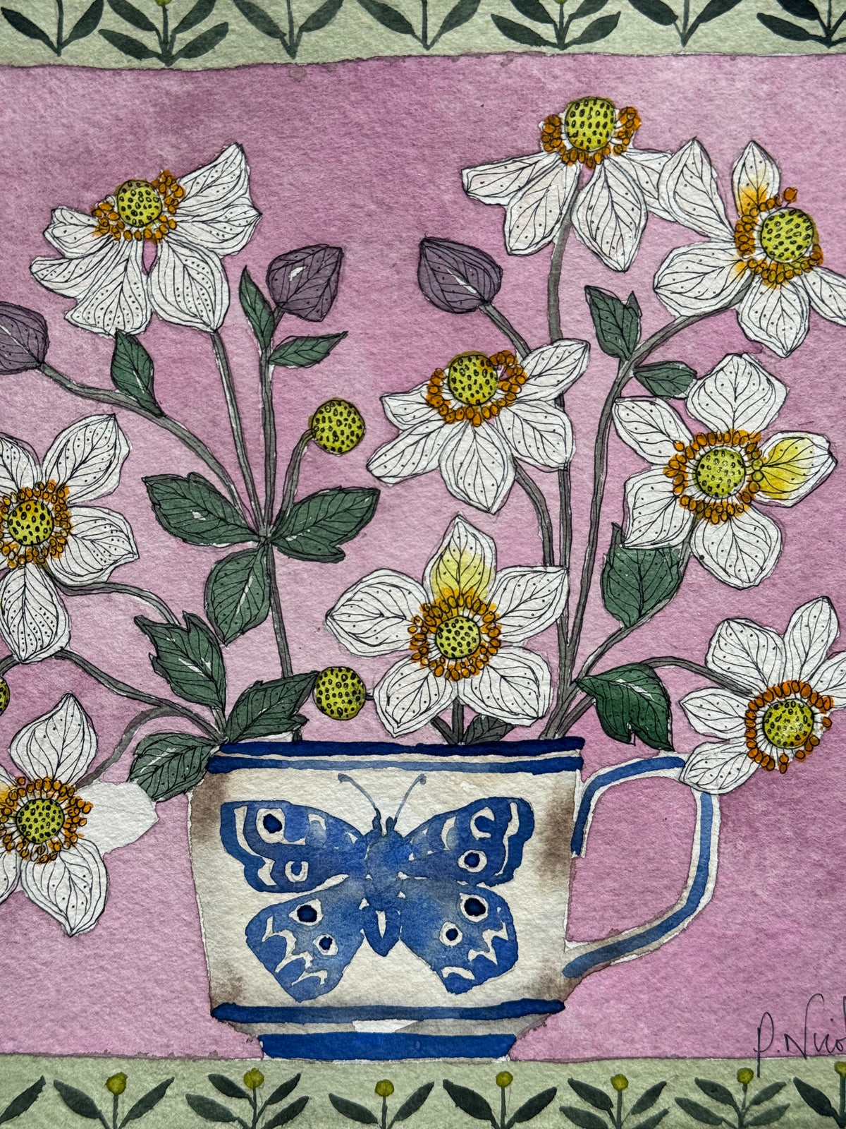 Original, Watercolour & Pen White Anemone