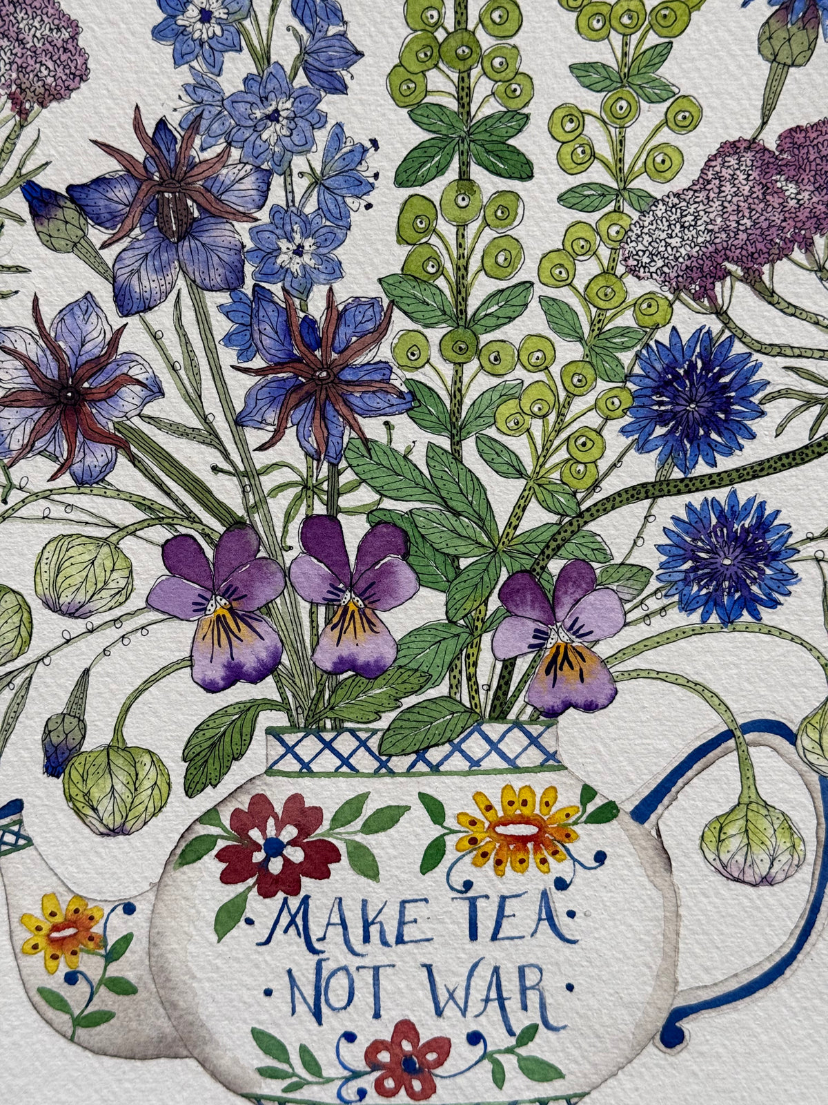 Large Original Watercolour Floral ‘Make Tea Not War’ Painting