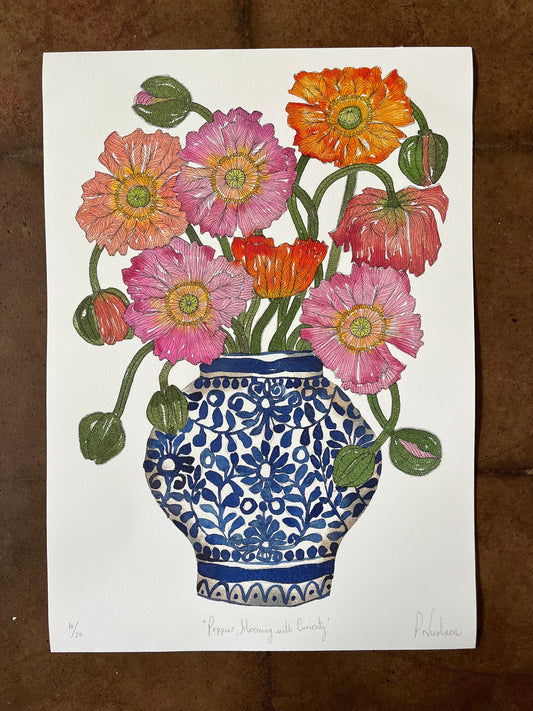A3 limited edition, giclee print of curious and vibrant poppies in a blue and white patterned, ceramic pot.