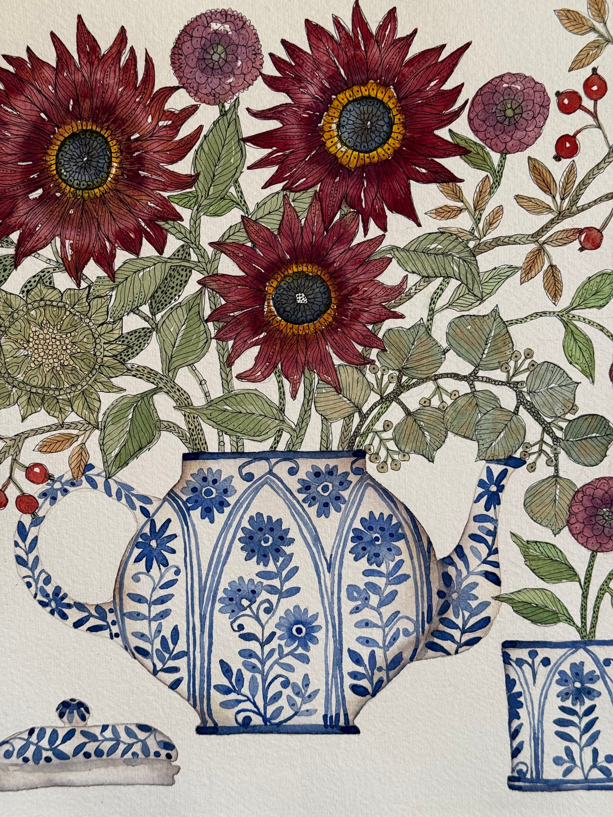 Large, Original Watercolour Autumnal Flowers & Teapot