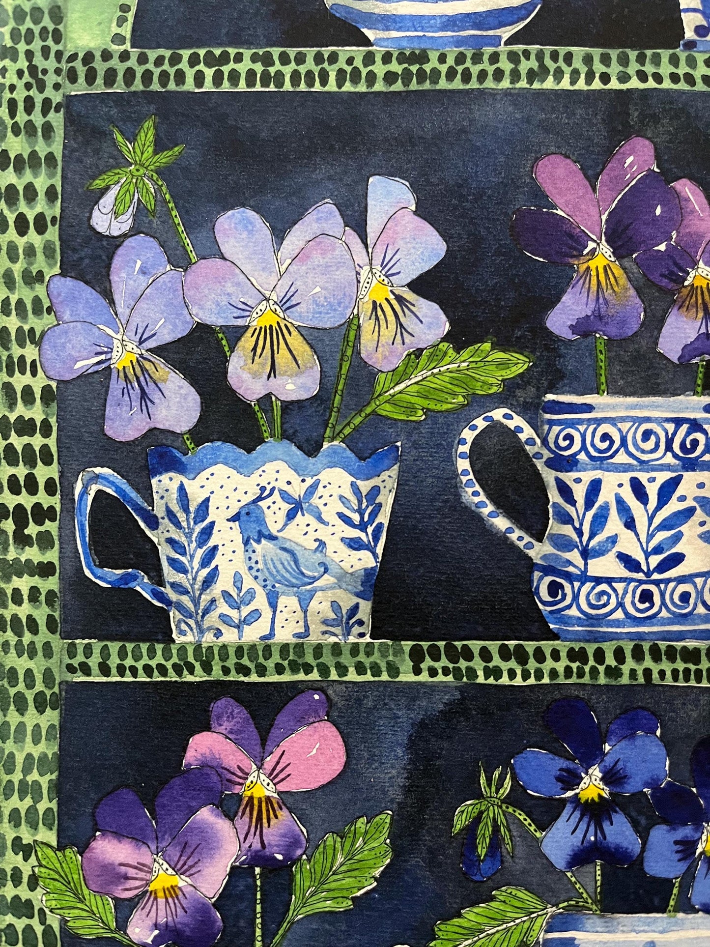 A3, limited edition giclee print of a watercolour and ink painting of violas in delftware, ceramic cups & mugs displayed in a plant Theatre.