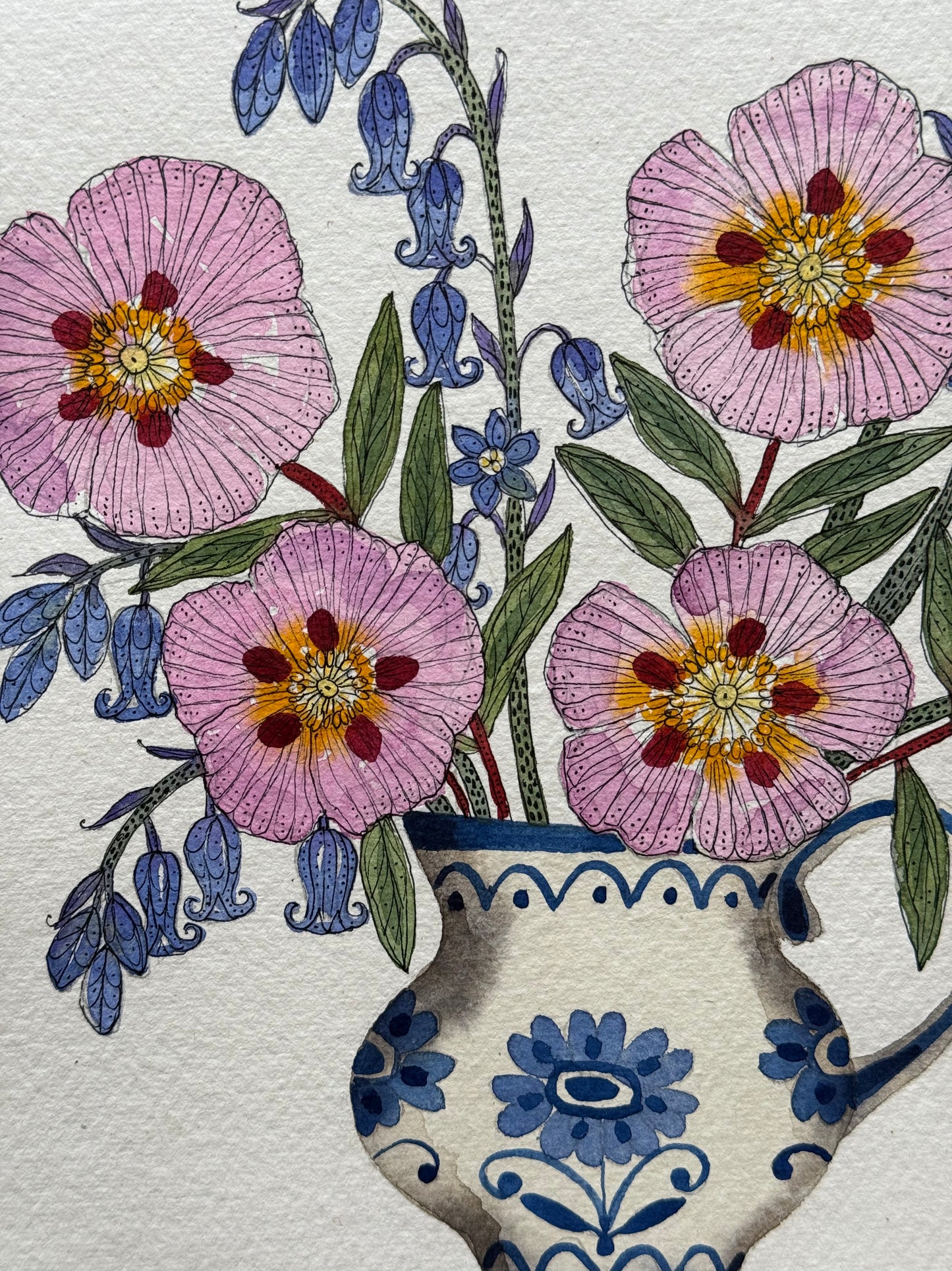 Original, Watercolour Cistus, Rock Rose, and Bluebells.