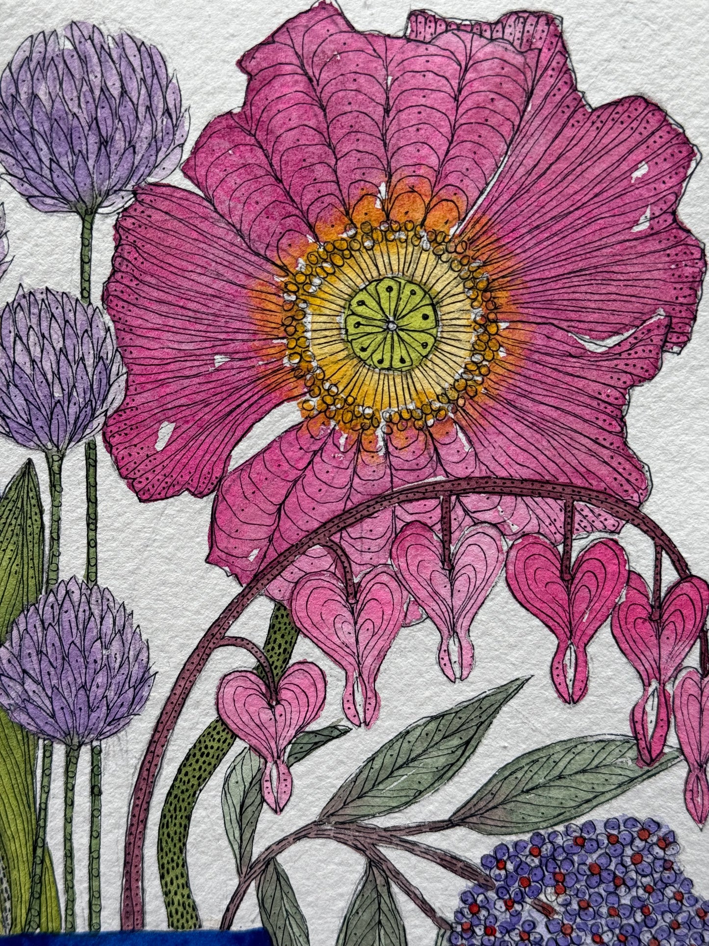 A4, Original Watercolour & Pen Summer Flowers