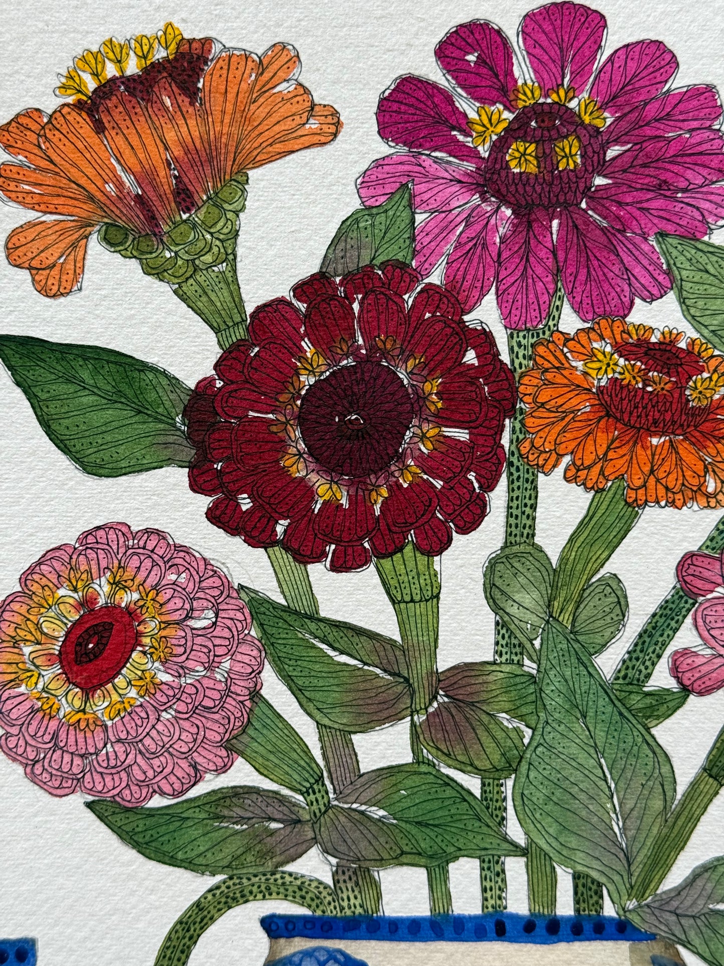 A4, Original Watercolour & Pen Zinnias