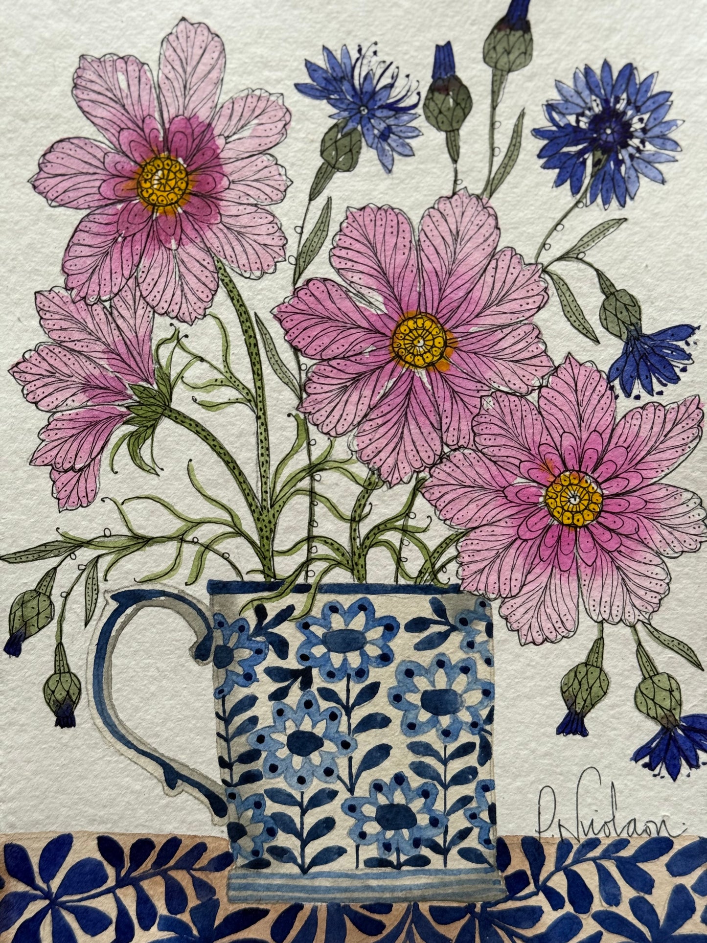 Original A5 Watercolour Painting, Cosmos & Cornflowers