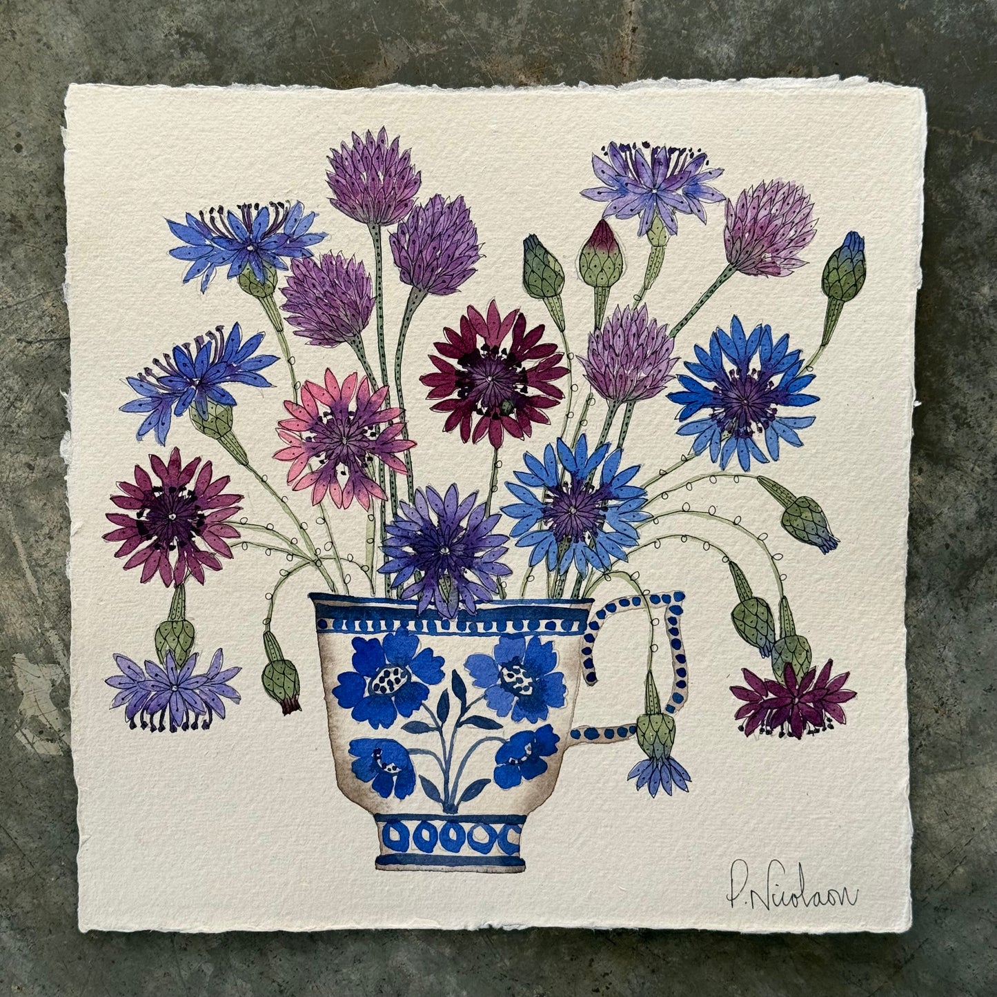 Original, Watercolour Cornflowers & Chive Flowers in a Teacup