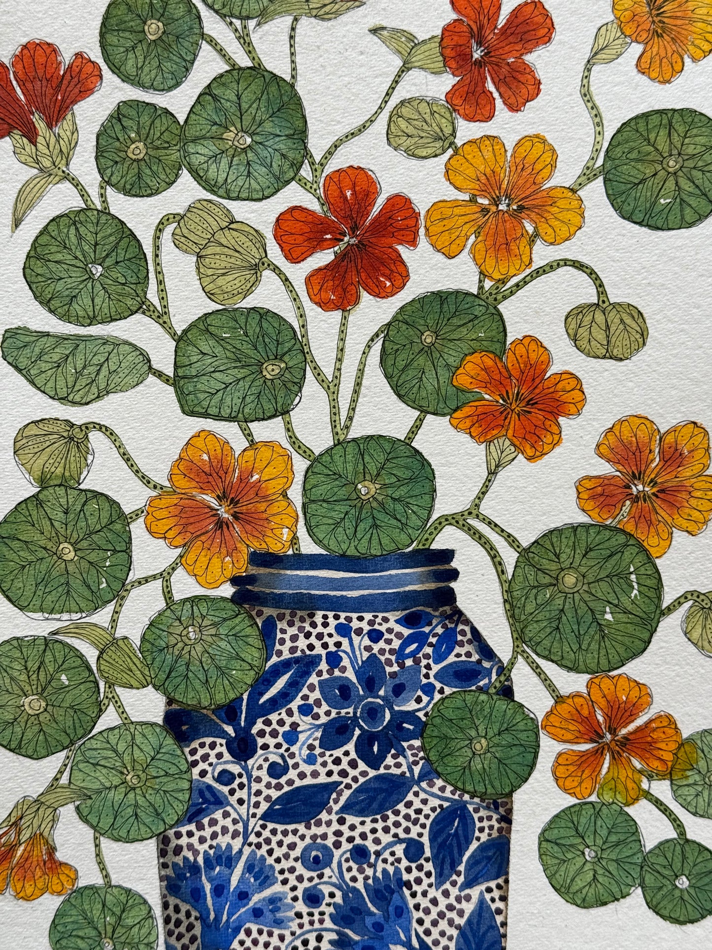 A4, Original Watercolour & Pen Nasturtium Flowers