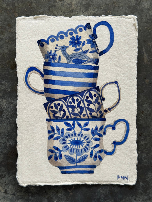 A6, Original Watercolour Stacked Teacups (F)