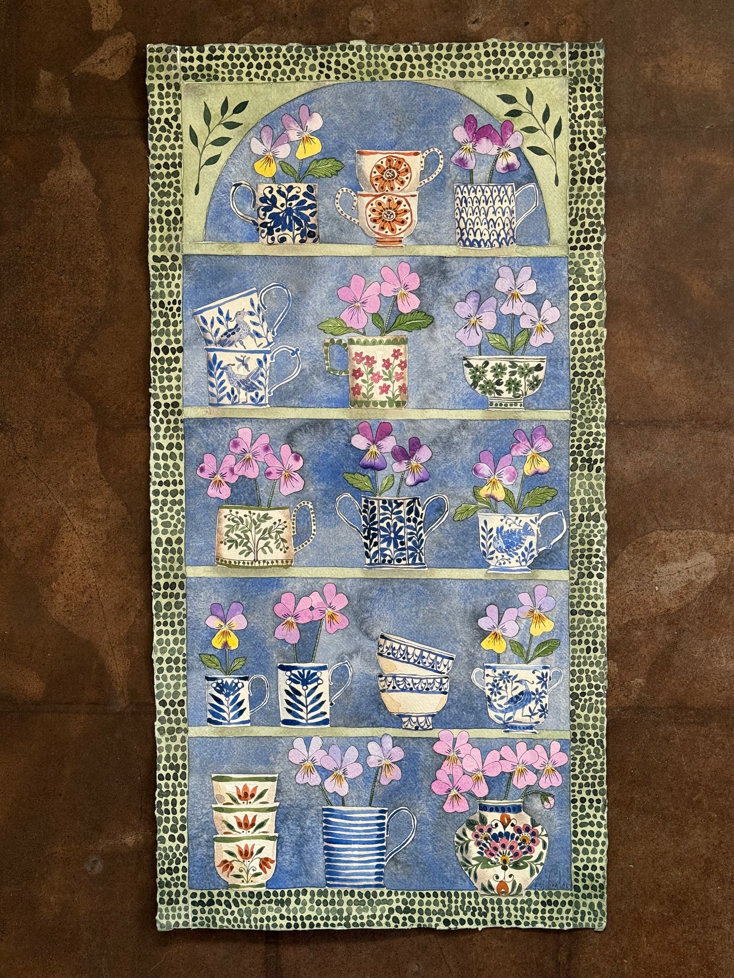 Original, Large Watercolour & ink Violas and Stacked Teacups