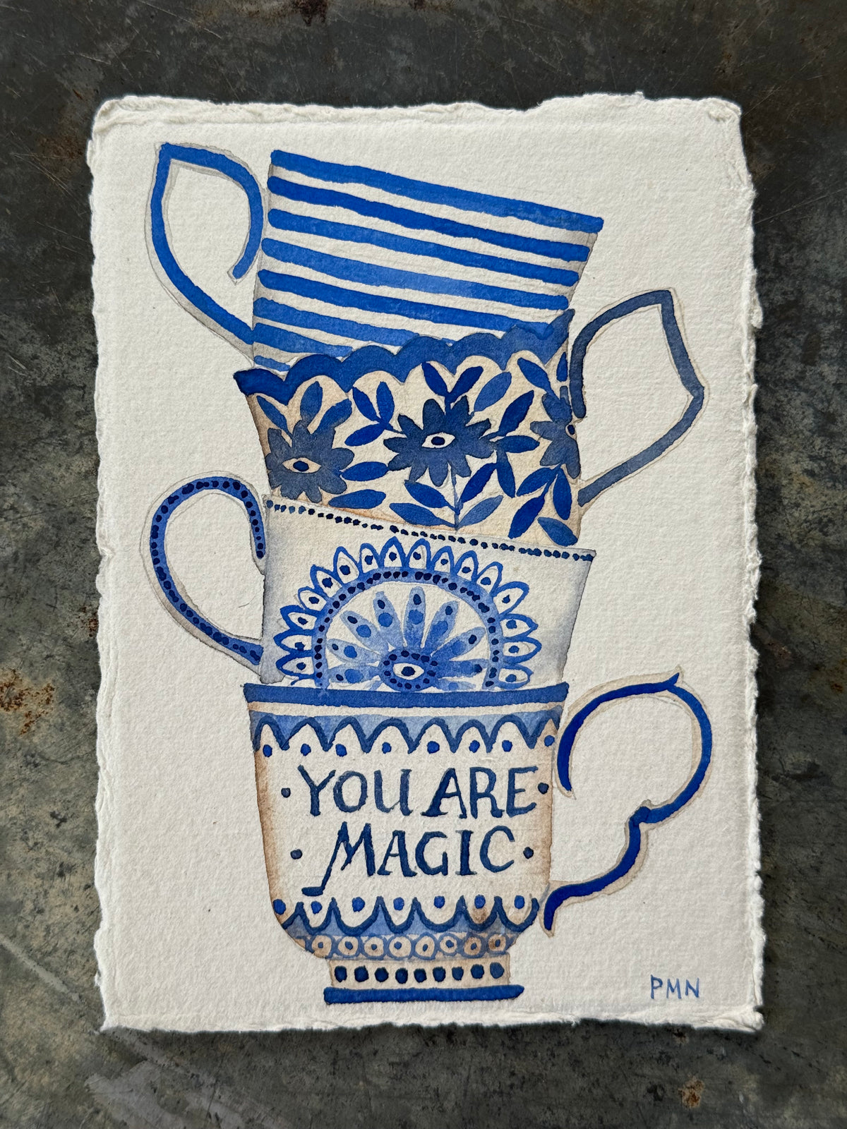 A6 Original Watercolour Stacked Teacups & Magic
